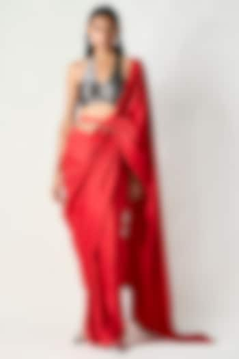 Red Satin Silk Draped Saree by 431-88 By Shweta Kapur at Pernia's Pop Up Shop