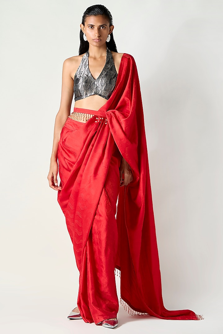 Red Satin Silk Draped Saree by 431-88 By Shweta Kapur at Pernia's Pop Up Shop