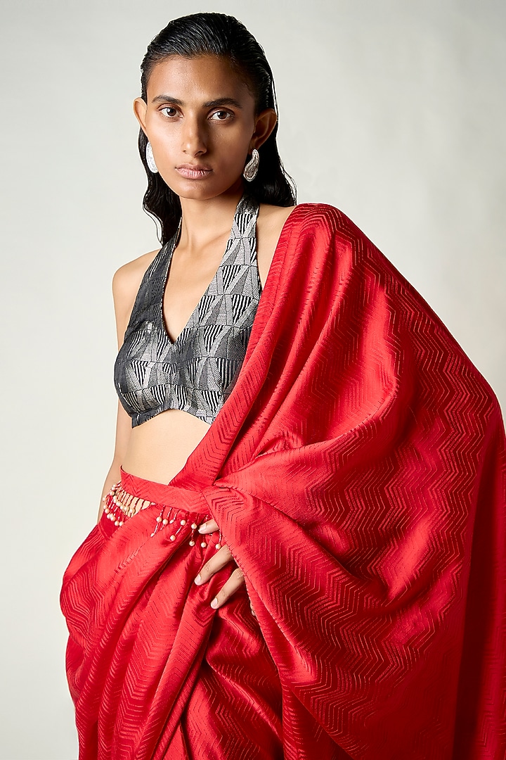 Red Satin Silk Draped Wedding Saree by 431-88 By Shweta Kapur at Pernia's Pop Up Shop