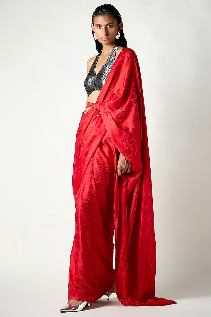 Red Satin Silk Draped Wedding Saree by 431-88 By Shweta Kapur at Pernia's Pop Up Shop