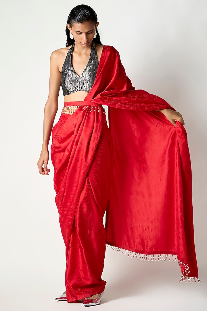 Red Satin Silk Draped Wedding Saree by 431-88 By Shweta Kapur at Pernia's Pop Up Shop