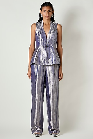Electric Blue Satin Silk High-Waisted Flared Trousers by 431-88 By Shweta Kapur