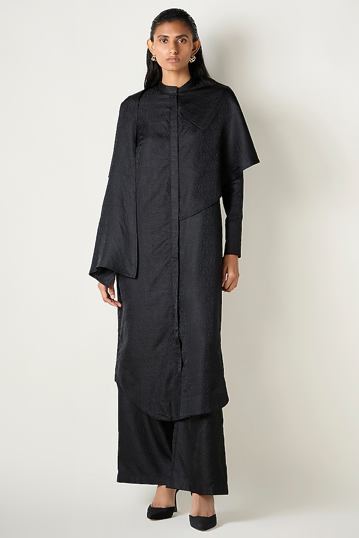 Black Satin Silk Draped Kurta Set by 431-88 By Shweta Kapur at Pernia's Pop Up Shop