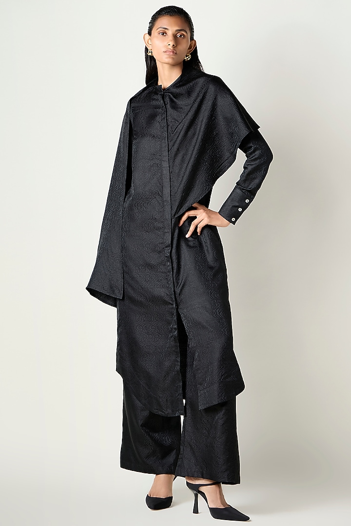 Black Satin Silk Draped Kurta Set by 431-88 By Shweta Kapur at Pernia's Pop Up Shop