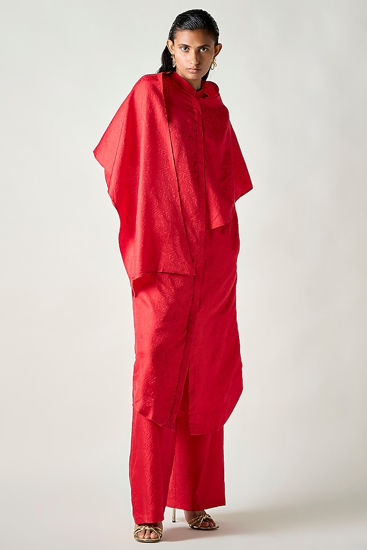 Red Satin Silk Draped Kurta Set by 431-88 By Shweta Kapur at Pernia's Pop Up Shop