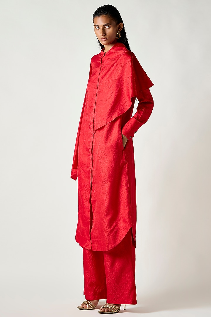 Red Satin Silk Draped Kurta Set by 431-88 By Shweta Kapur at Pernia's Pop Up Shop