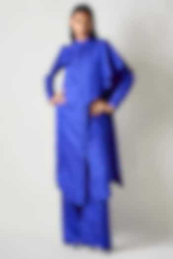 Electric Blue Satin Silk Draped Kurta Set by 431-88 By Shweta Kapur at Pernia's Pop Up Shop