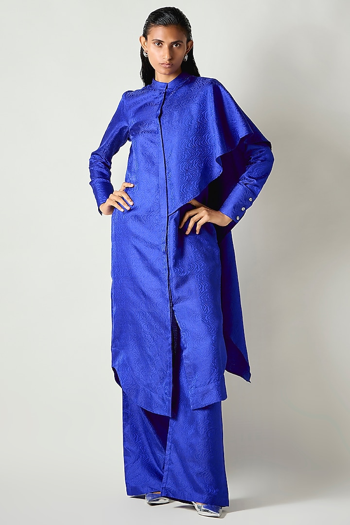 Electric Blue Satin Silk Draped Kurta Set by 431-88 By Shweta Kapur at Pernia's Pop Up Shop