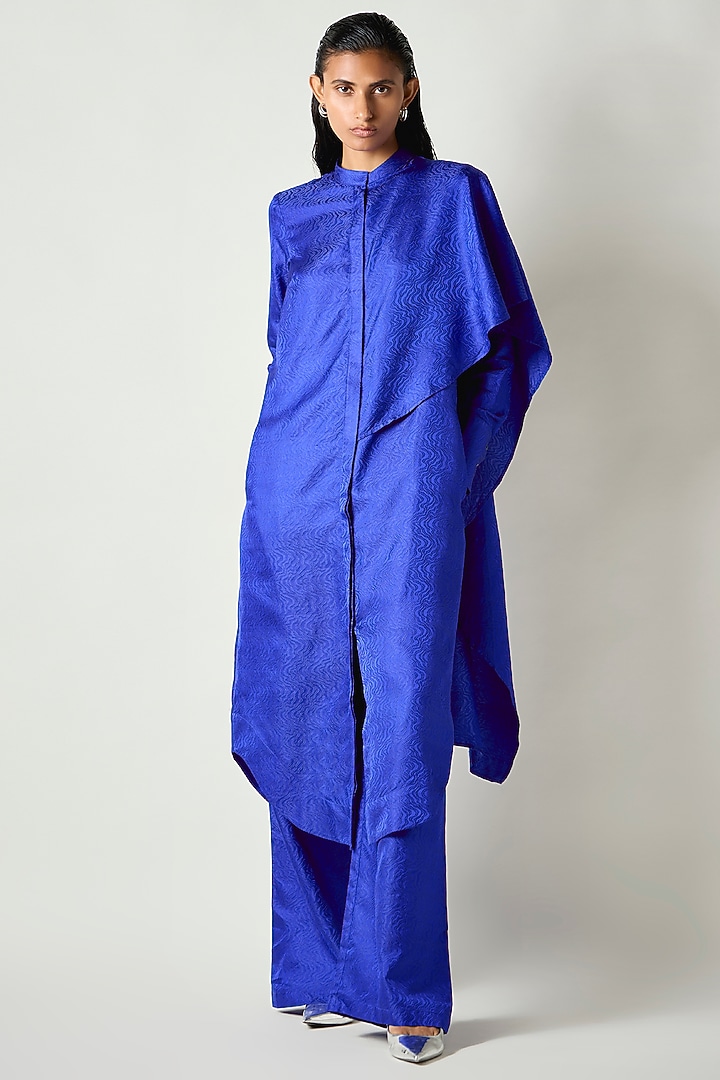 Electric Blue Satin Silk Draped Kurta Set by 431-88 By Shweta Kapur at Pernia's Pop Up Shop