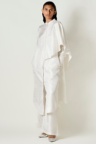 White Satin Silk Draped Kurta Set by 431-88 By Shweta Kapur