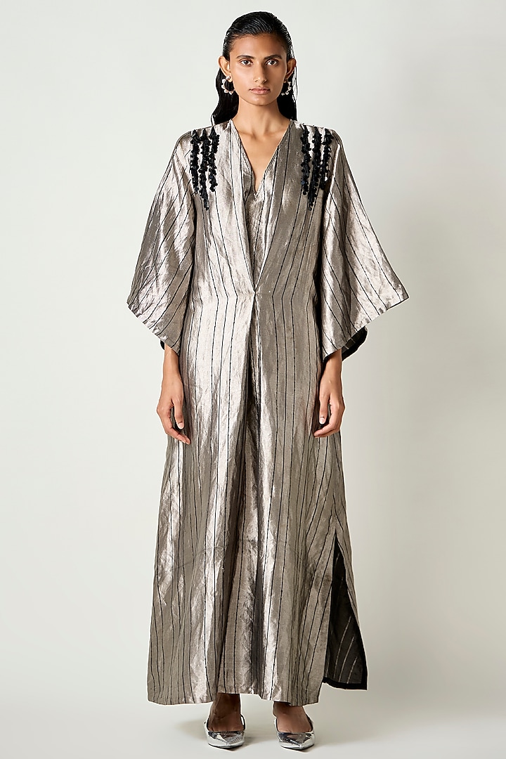 Black Satin Silk Tassels Embroidered Pleated Kaftan Dress by 431-88 By Shweta Kapur at Pernia's Pop Up Shop