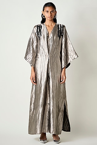 Black Satin Silk Tassels Embroidered Pleated Kaftan Dress by 431-88 By Shweta Kapur