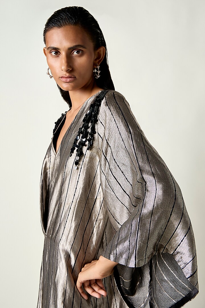 Black Satin Silk Tassels Embroidered Pleated Kaftan Party Wear Dress by 431-88 By Shweta Kapur at Pernia's Pop Up Shop
