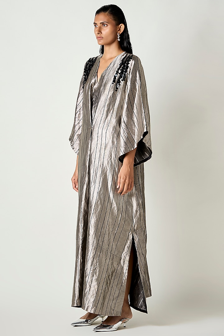 Black Satin Silk Tassels Embroidered Pleated Kaftan Party Wear Dress by 431-88 By Shweta Kapur at Pernia's Pop Up Shop
