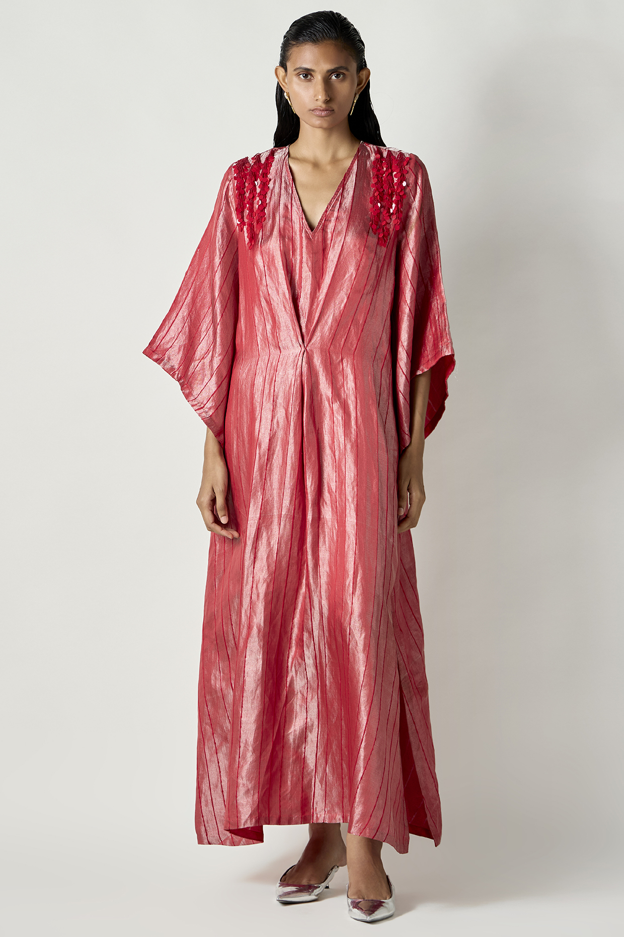 Red Satin Silk Tassels Embroidered Pleated Kaftan Dress by 431-88 By Shweta Kapur at Pernia's Pop Up Shop