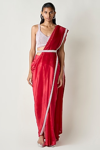 Red Dupion Hand Embroidered Belt by 431-88 By Shweta Kapur