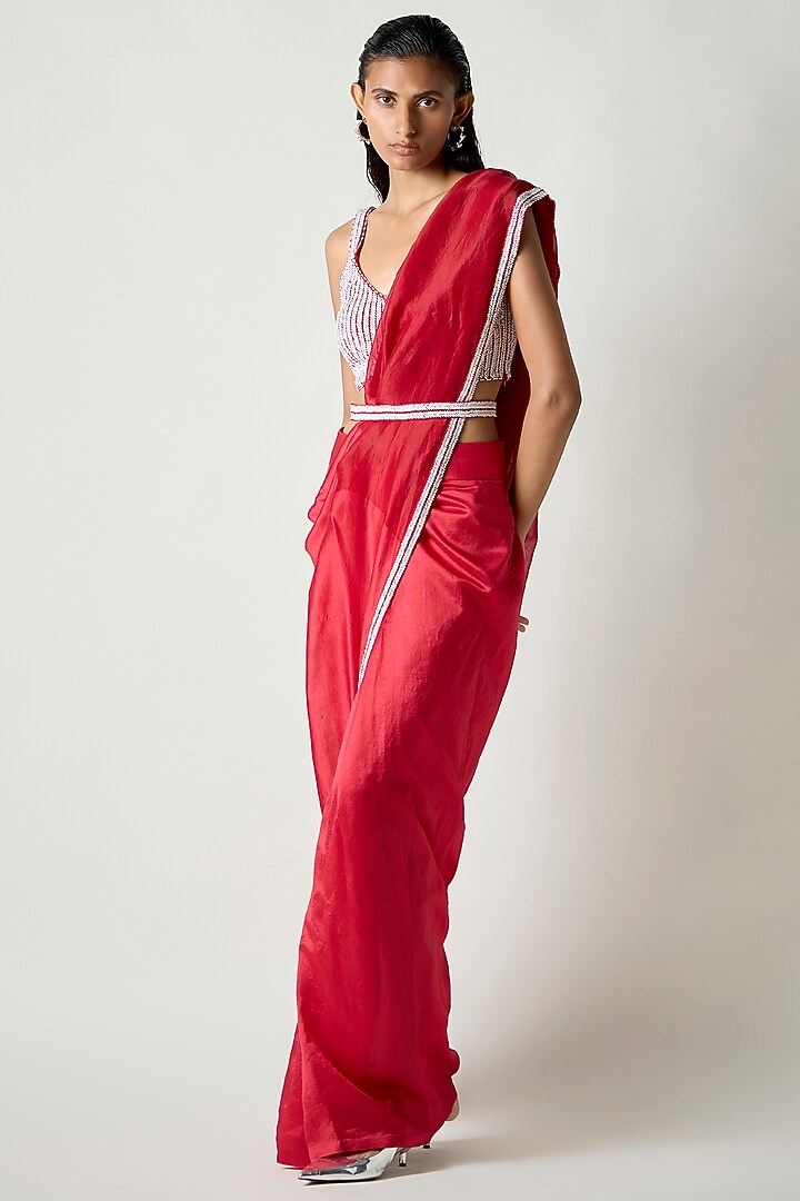 Red Dupion Hand Embroidered Belt by 431-88 By Shweta Kapur at Pernia's Pop Up Shop