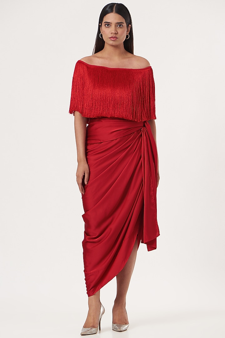 Red Silk Satin Draped Skirt by 431-88 By Shweta Kapur at Pernia's Pop Up Shop