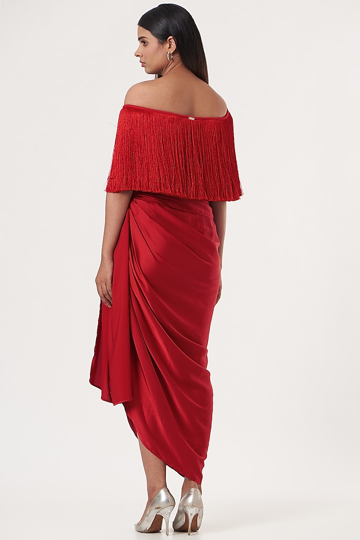 Red Silk Satin Draped Skirt by 431-88 By Shweta Kapur at Pernia's Pop Up Shop