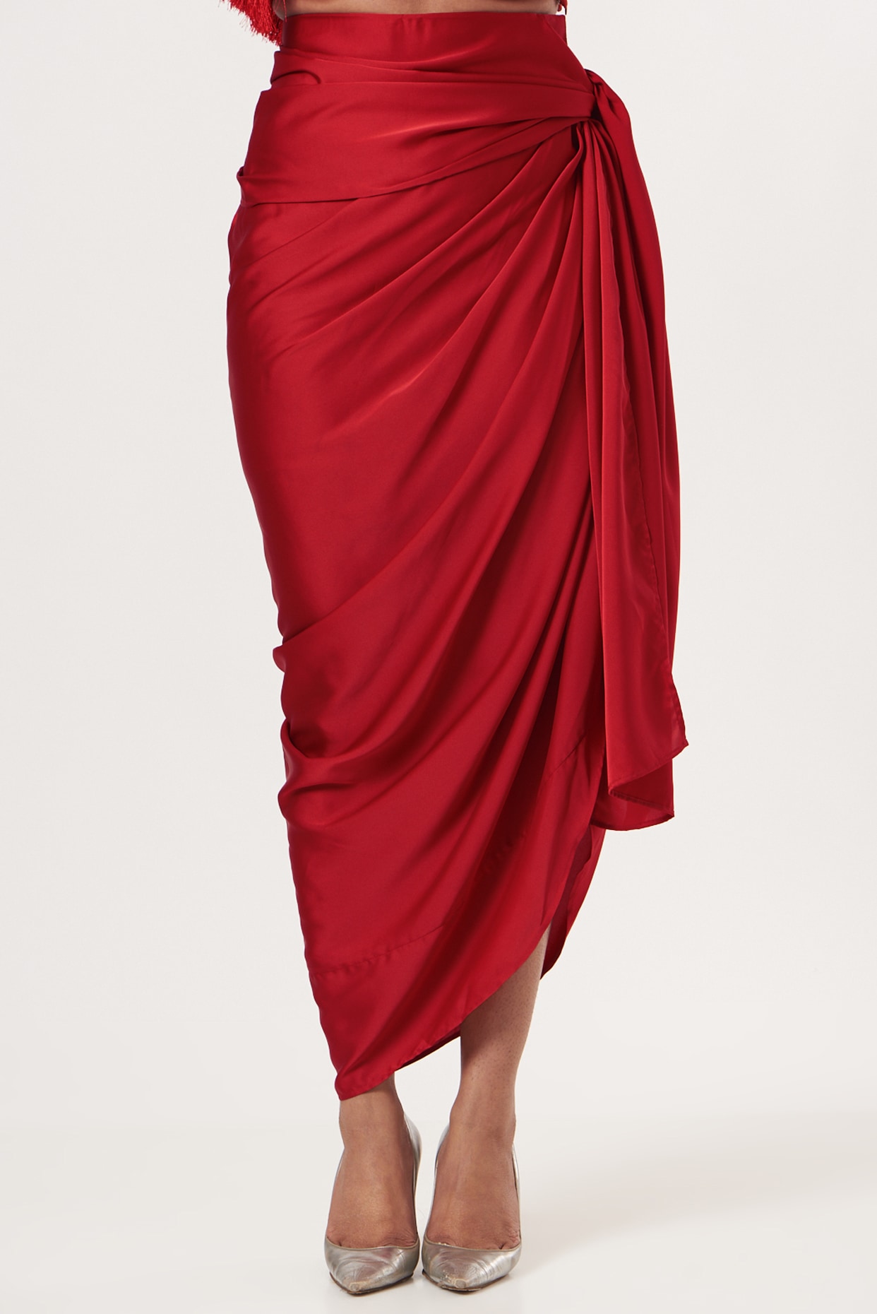 Red Silk Satin Draped Skirt Design by 431 88 By Shweta Kapur at