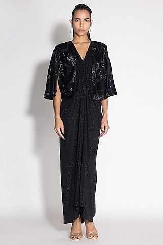 Black Shimmer Jersey Pleated Jacket Dress by 431-88 By Shweta Kapur