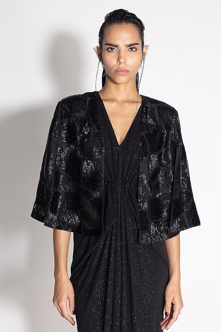 Black Shimmer Jersey Pleated Jacket Vacation Dress by 431-88 By Shweta Kapur at Pernia's Pop Up Shop