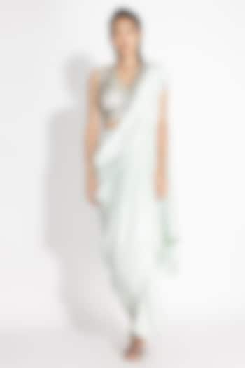 Mint Green Silk & Cotton Pre-Draped Wedding Saree Set by 431-88 By Shweta Kapur at Pernia's Pop Up Shop