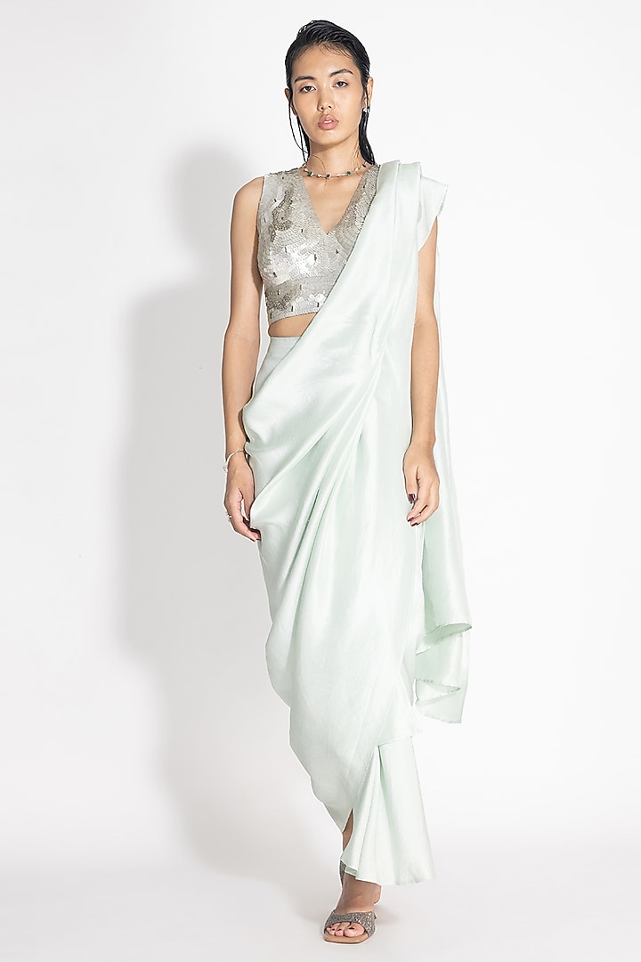 Mint Green Silk & Cotton Pre-Draped Wedding Saree Set by 431-88 By Shweta Kapur at Pernia's Pop Up Shop