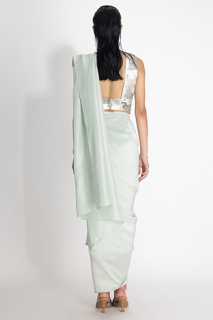 Mint Green Silk & Cotton Pre-Draped Wedding Saree Set by 431-88 By Shweta Kapur at Pernia's Pop Up Shop