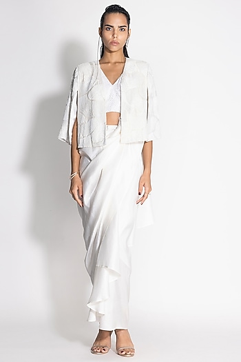 White Silk Pre-Draped Jacket Reception Saree Set by 431-88 By Shweta Kapur at Pernia's Pop Up Shop