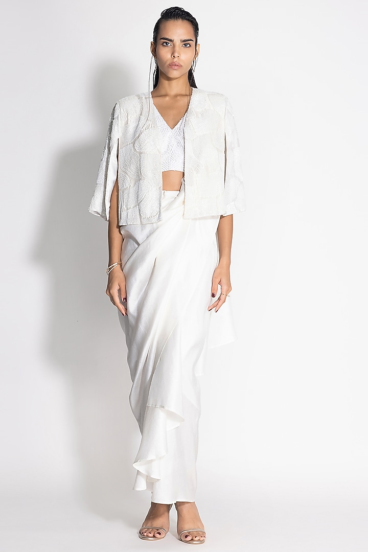 White Silk Pre-Draped Jacket Reception Saree Set by 431-88 By Shweta Kapur at Pernia's Pop Up Shop