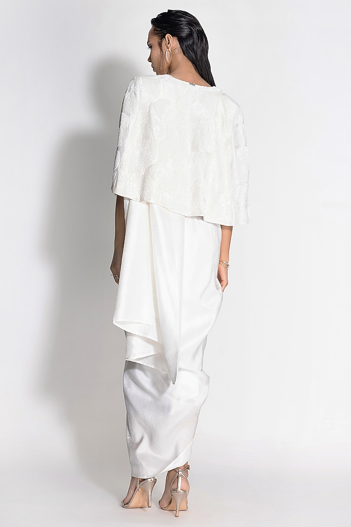White Silk Pre-Draped Jacket Reception Saree Set by 431-88 By Shweta Kapur at Pernia's Pop Up Shop