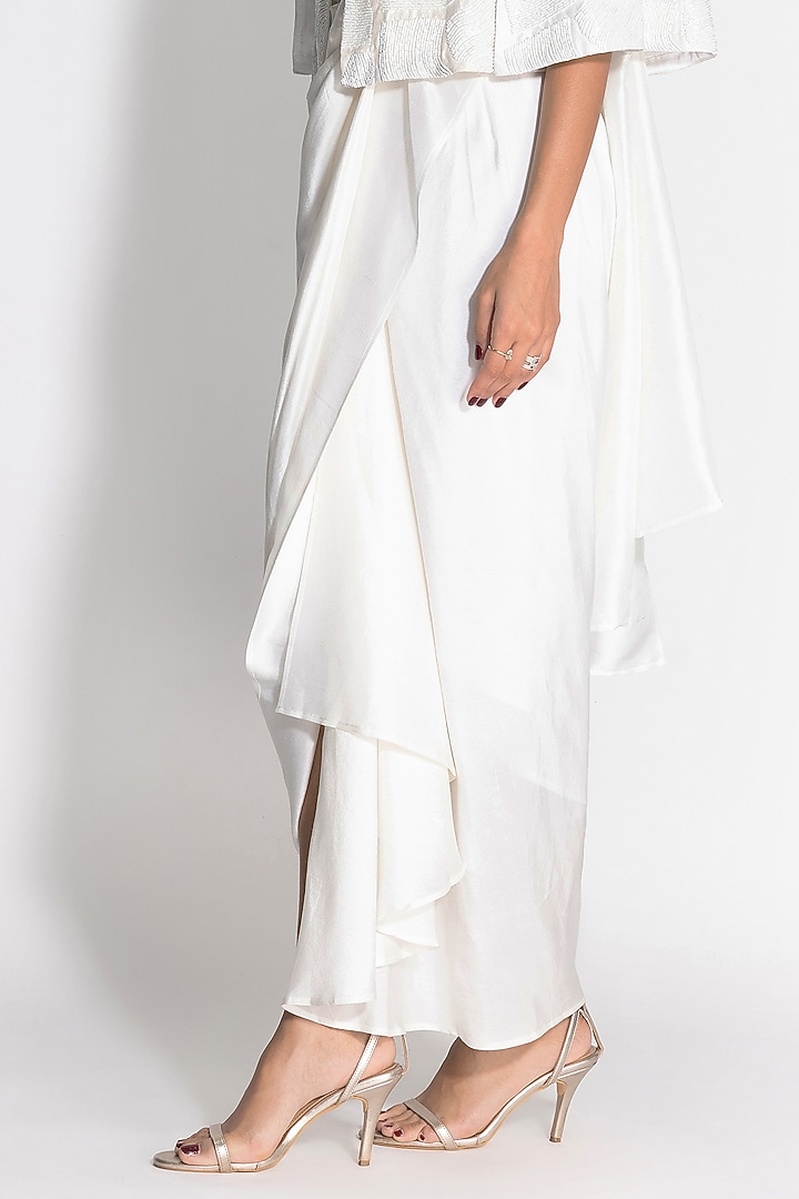 White Silk Pre-Draped Jacket Reception Saree Set by 431-88 By Shweta Kapur at Pernia's Pop Up Shop