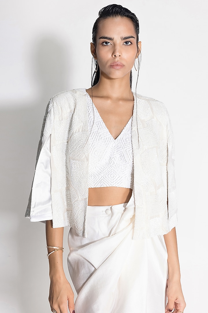 White Silk Pre-Draped Jacket Reception Saree Set by 431-88 By Shweta Kapur at Pernia's Pop Up Shop