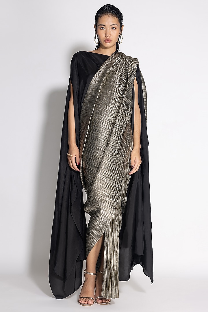 Gold & Black Pleated Metallic Jacket Wedding Saree Set by 431-88 By Shweta Kapur at Pernia's Pop Up Shop