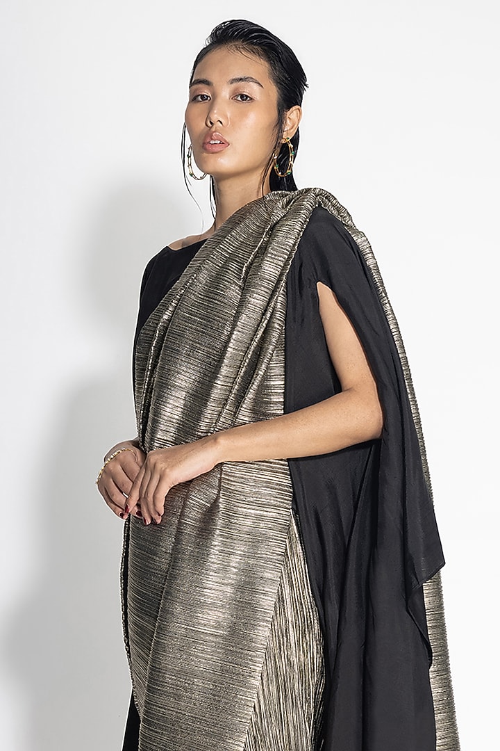 Gold & Black Pleated Metallic Jacket Wedding Saree Set by 431-88 By Shweta Kapur at Pernia's Pop Up Shop