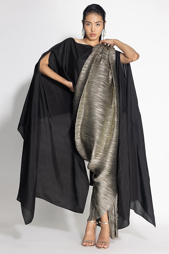 Gold & Black Pleated Metallic Jacket Wedding Saree Set by 431-88 By Shweta Kapur at Pernia's Pop Up Shop