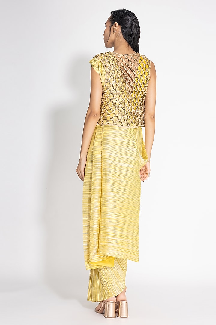 Lemon Gold Pleated Metallic Jacket Reception Saree Set by 431-88 By Shweta Kapur at Pernia's Pop Up Shop