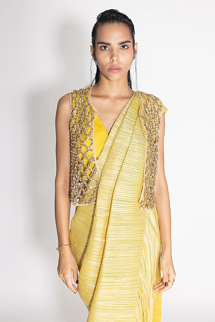 Lemon Gold Pleated Metallic Jacket Reception Saree Set by 431-88 By Shweta Kapur at Pernia's Pop Up Shop