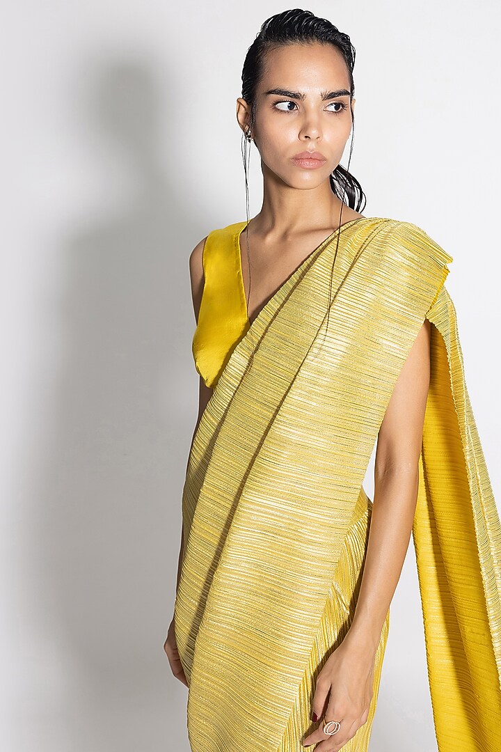 Lemon Gold Pleated Metallic Wedding Saree Set by 431-88 By Shweta Kapur at Pernia's Pop Up Shop