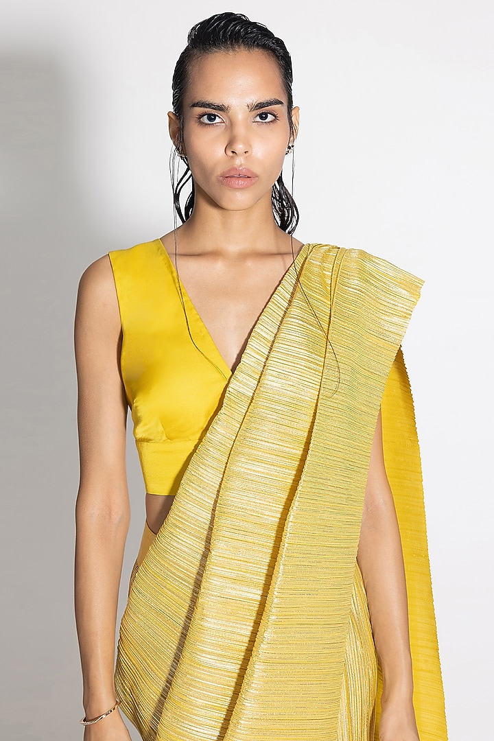 Lemon Gold Pleated Metallic Wedding Saree Set by 431-88 By Shweta Kapur at Pernia's Pop Up Shop