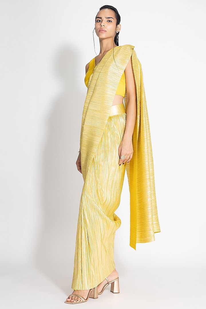 Lemon Gold Pleated Metallic Wedding Saree Set by 431-88 By Shweta Kapur at Pernia's Pop Up Shop