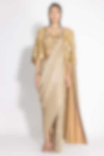 Gold Pleated Metallic & Silk Jacket Saree Set by 431-88 By Shweta Kapur at Pernia's Pop Up Shop