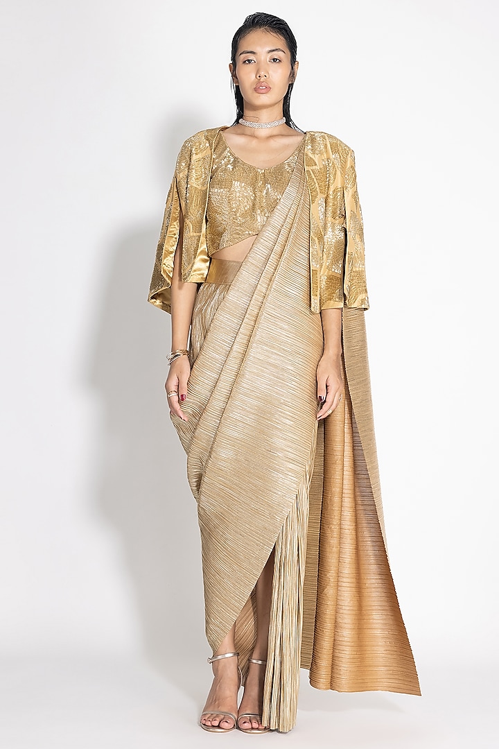 Gold Pleated Metallic & Silk Jacket Saree Set by 431-88 By Shweta Kapur at Pernia's Pop Up Shop