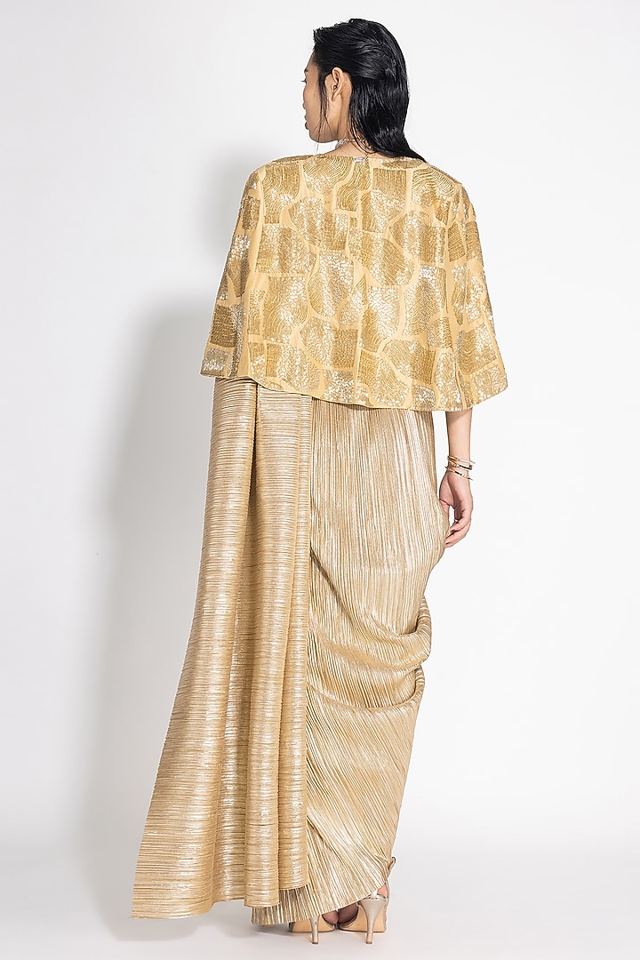 Gold Pleated Metallic & Silk Jacket Reception Saree Set by 431-88 By Shweta Kapur at Pernia's Pop Up Shop