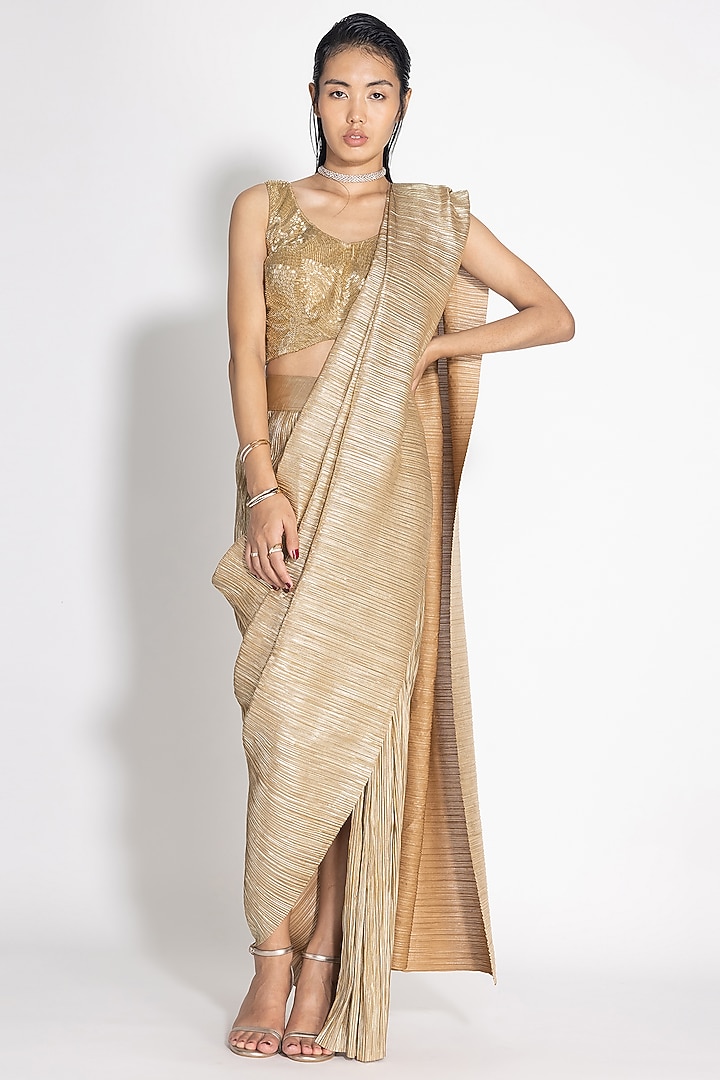 Gold Pleated Metallic & Silk Jacket Reception Saree Set by 431-88 By Shweta Kapur at Pernia's Pop Up Shop