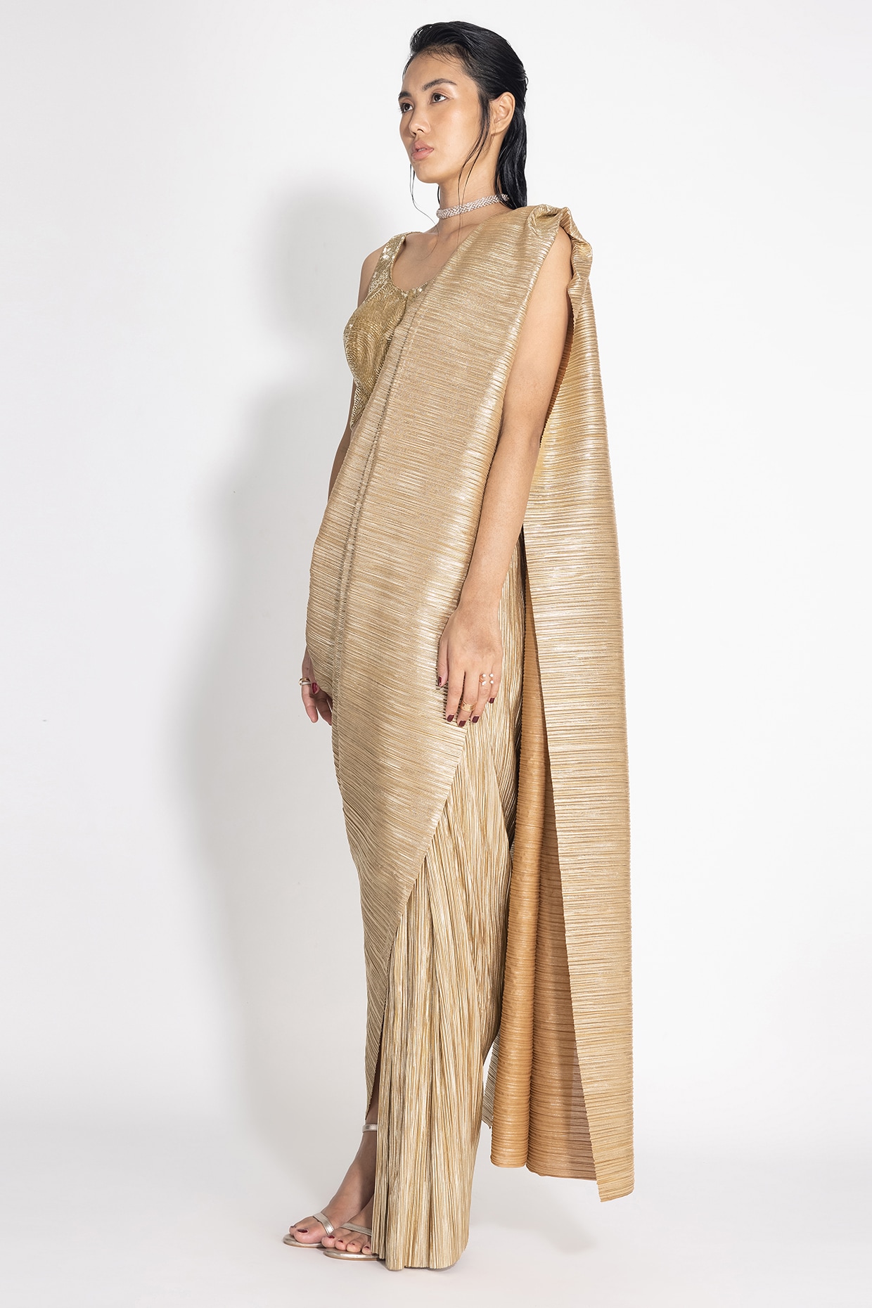 Buy Beige Pleated Embellished Saia Metallic Pre-draped Saree With Blouse  For Women by Tasuvure Indes Online at Aza Fashions.