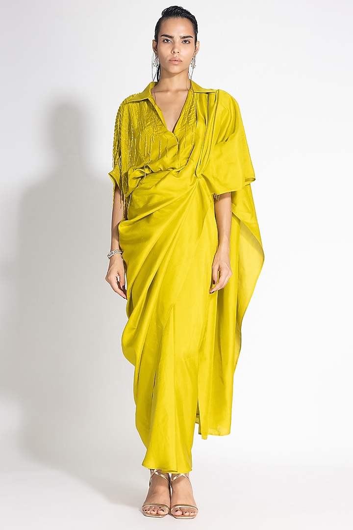 Kelly Green Silk Pre-Draped Wedding Saree Set by 431-88 By Shweta Kapur at Pernia's Pop Up Shop
