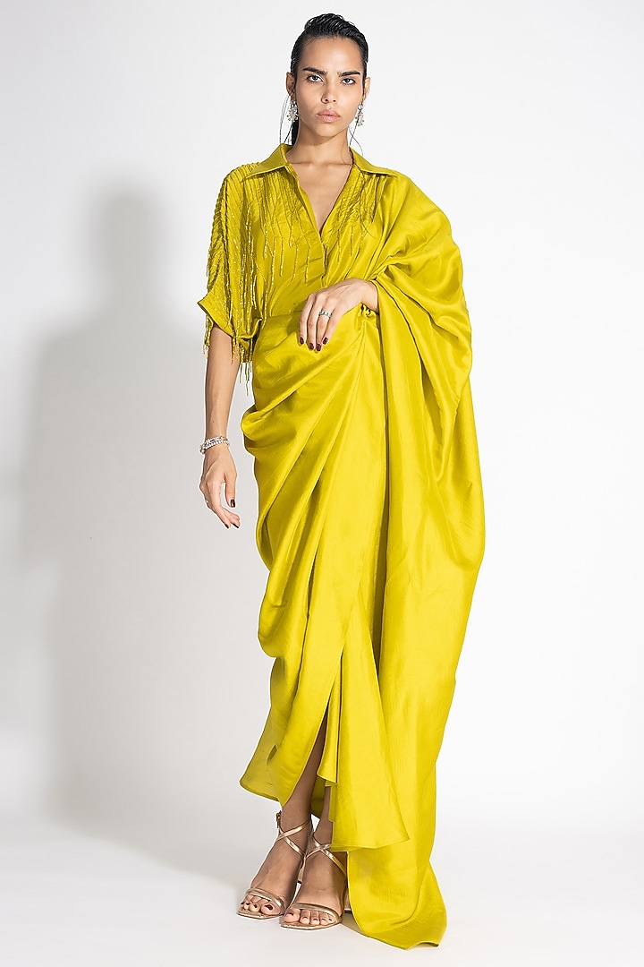 Kelly Green Silk Pre-Draped Wedding Saree Set by 431-88 By Shweta Kapur at Pernia's Pop Up Shop