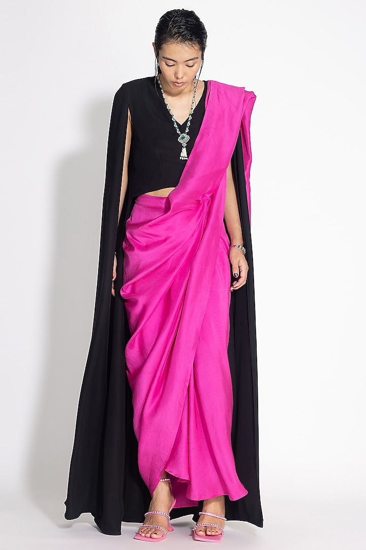 Fuchsia Japanese Crepe & Silk Pre-Draped Wedding Saree Set by 431-88 By Shweta Kapur at Pernia's Pop Up Shop